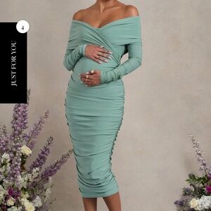 CLUB LONDON DAVINA SAGE RUCHED TWIST BARDOT LONG-SLEEVE MATERNITY MIDI DRESSI